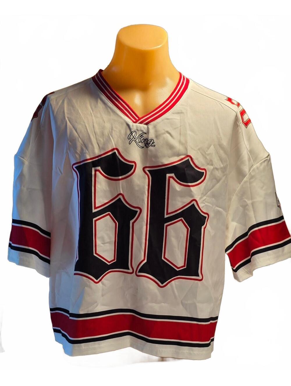 WDIRARA Men's XXL White Hockey Jersey with Bold 66 Graphic and Red Stripes